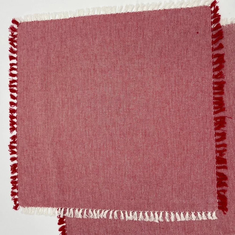 6 Cloth Napkins Fringe Herringbone Pattern Red White‎ Picnic Christmas Holiday